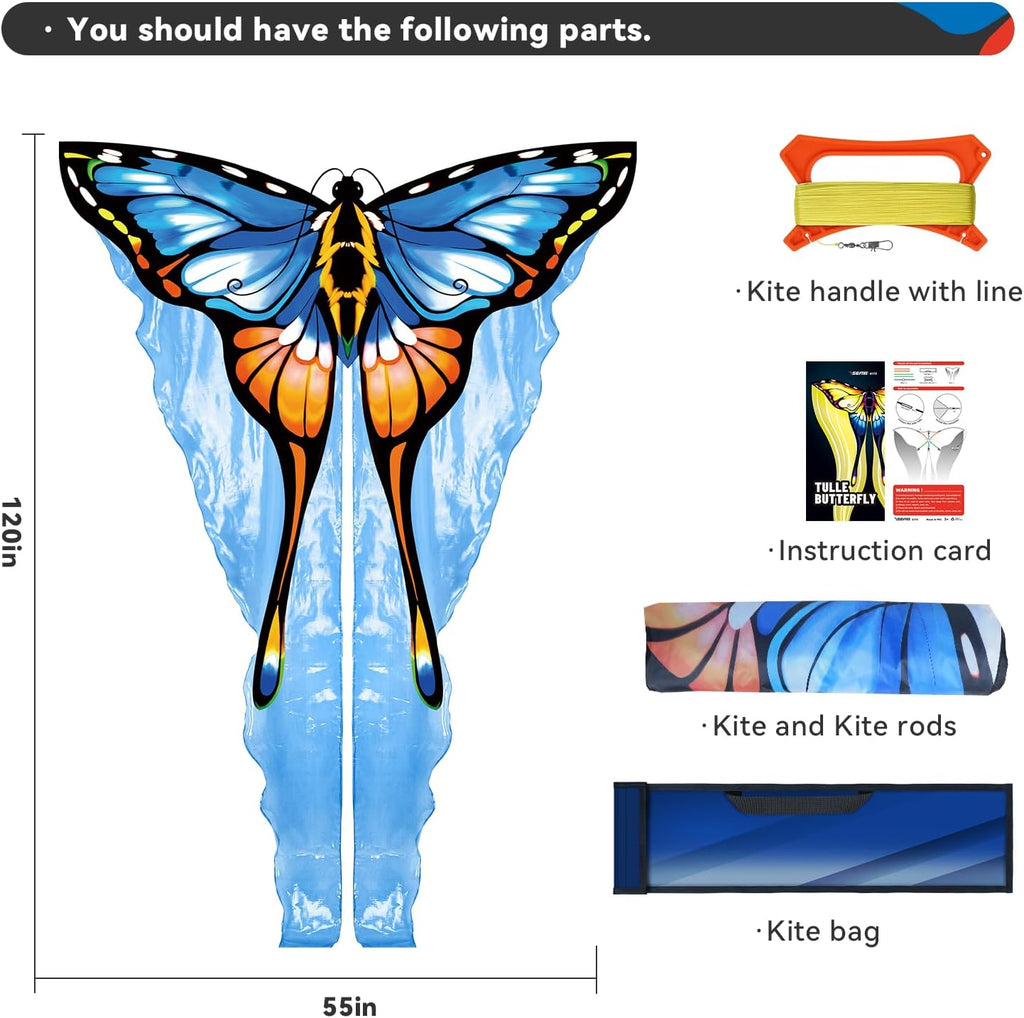 SGftre Blue Tulle Butterfly Kite - Easy to Fly Outdoor Fun for Kids Ages 4-8 | Perfect Summer Activity