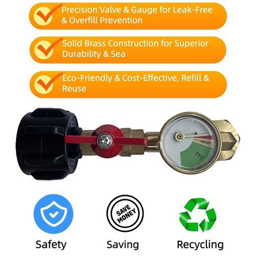 Shrandi Propane Refill Adapter with Valve and Gauge, Fill 1 lb Bottles from 20lb Tank, 90-Degree Elbow Design, Solid Brass Fits QCC1/Type1 to 1 lb Disposable Cylinders, Includes Sealing Tape