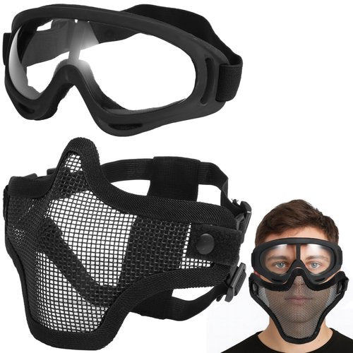 Strategical Protective Gear Set, Carbon Steel Half-face Mesh Cover with Sports Goggle for Men Women, Adjustable Strategical Gear for Shooting, Paintball, CS Games, Costume Parties