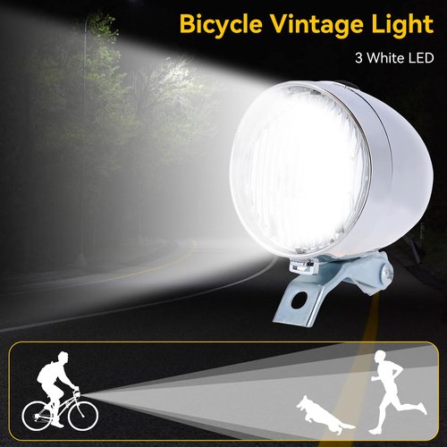 Vintage Bicycle Front Light, Retro Fog Front Lights Bike Head Lamp 3 LED Headlight Vintage Retro Bicycle Light Lamp with Bracket for Night Riding (Sliver)