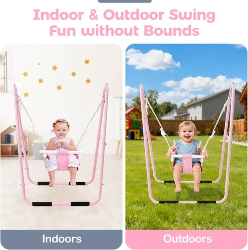 FUNLIO U-Shape Toddler Swing Set - Heavy Duty Metal Frame, Easy to Assemble, Portable & Foldable - Pink, 6-36 Months