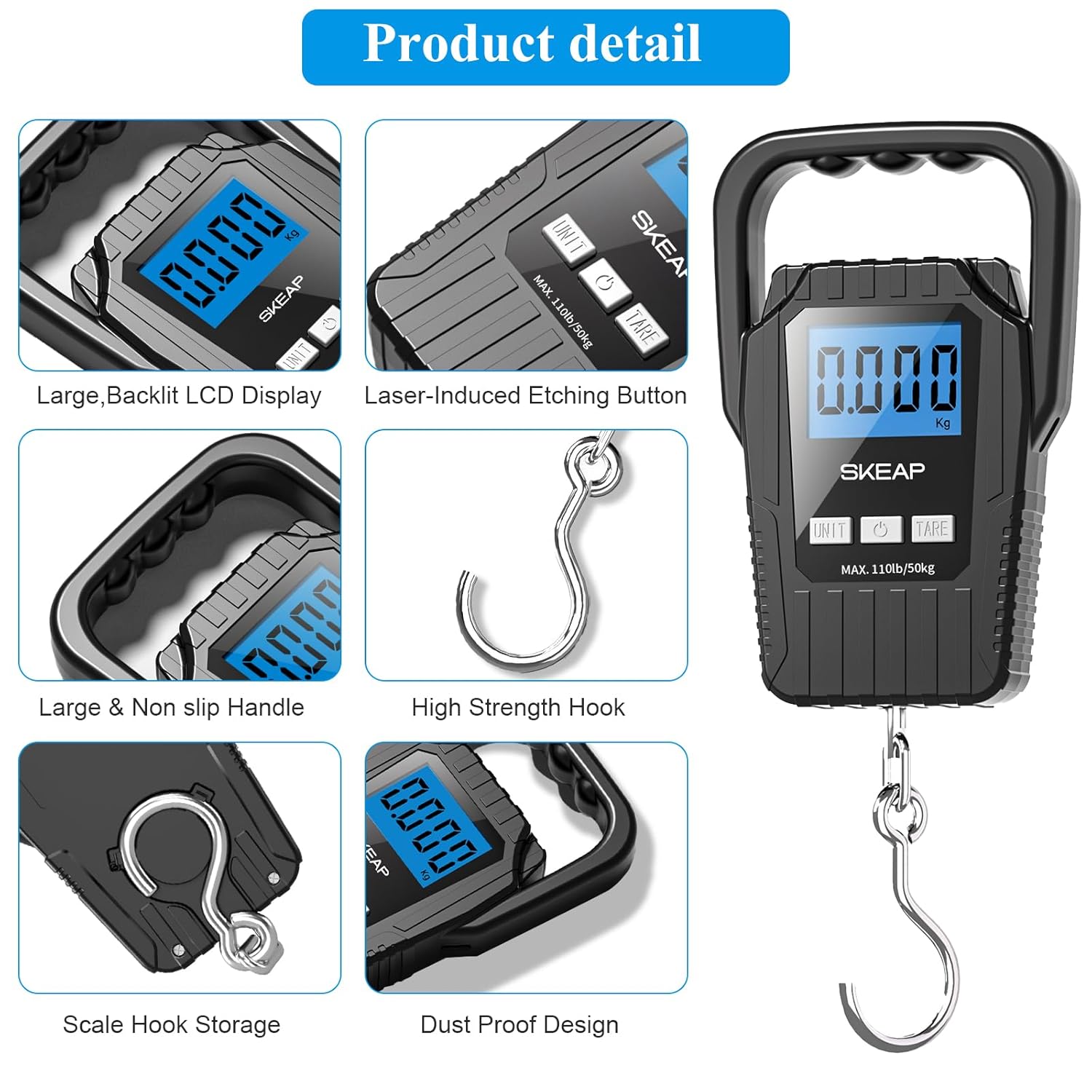 SKEAP Digital Fish Scale - 110lb Capacity | Backlit LCD Display & Large Handle - Black