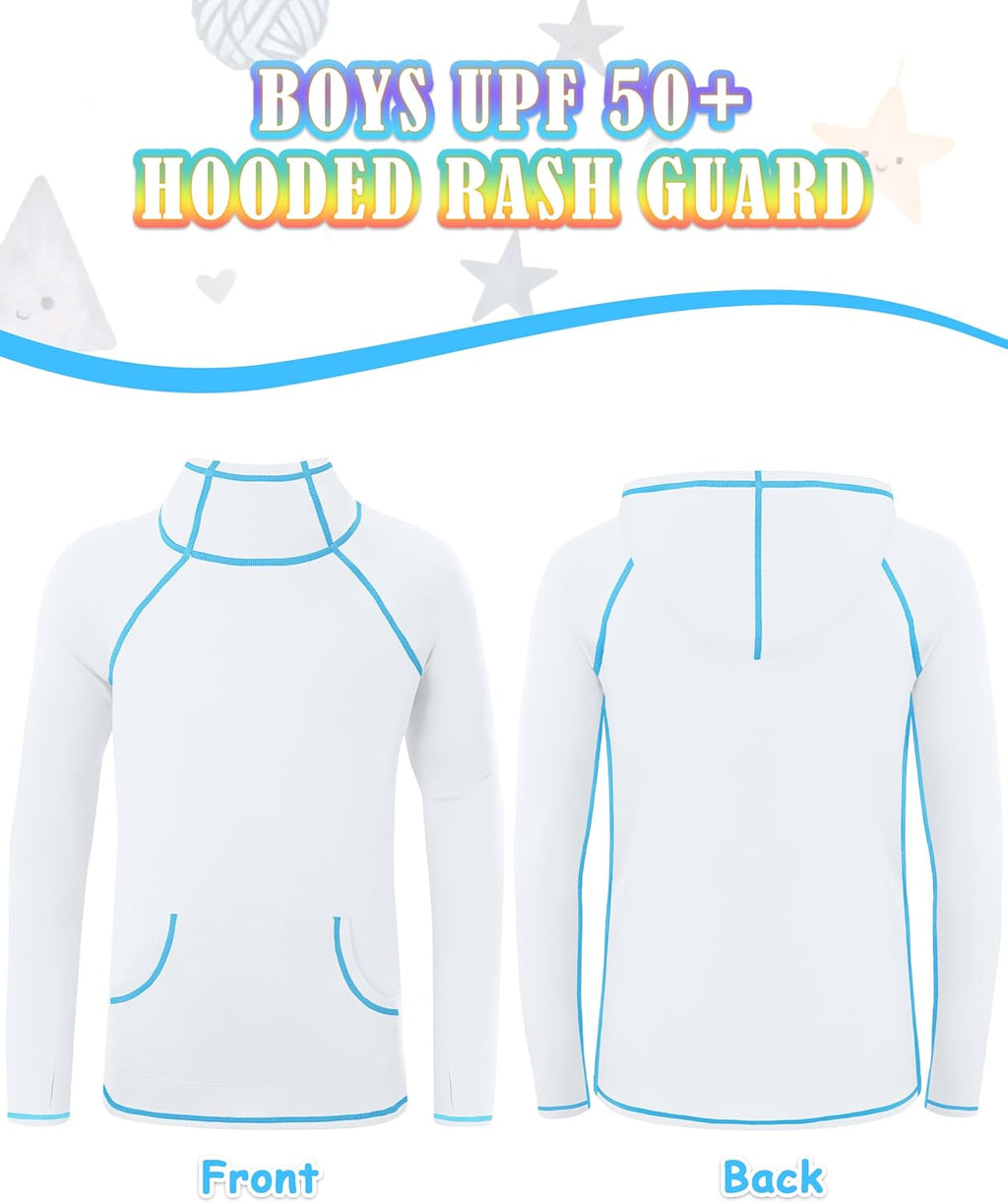 Skiennix Boys Rash Guard Hoodie - Long Sleeve UPF 50+ Swim Shirt with Pocket for UV Protection