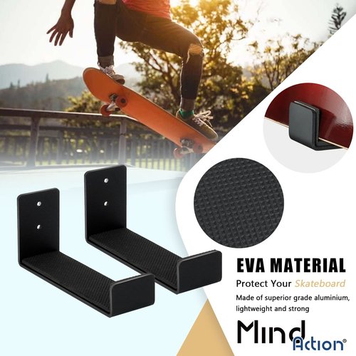 Mind and Action Skateboard Wall Mount Display Rack,Home and Garage Skateboard Storage,Solid Aluminum Shelf Brackets. (Black 1 Pair)