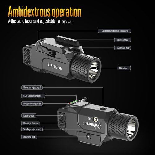 DEFENTAC Pistol Light Laser Combo - 1800lm Rechargeable Tactical Flashlight with Quick Release & Strobe