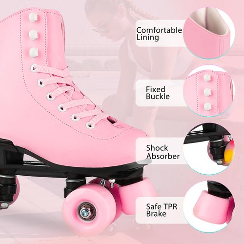 HALOSK Outdoor Roller Skates for Women Girls Boys and Youth, Pink Derby Quad Rollerskates with Light up Wheels, High-top Leather Suitable for Indoor Outdoor Size US 8