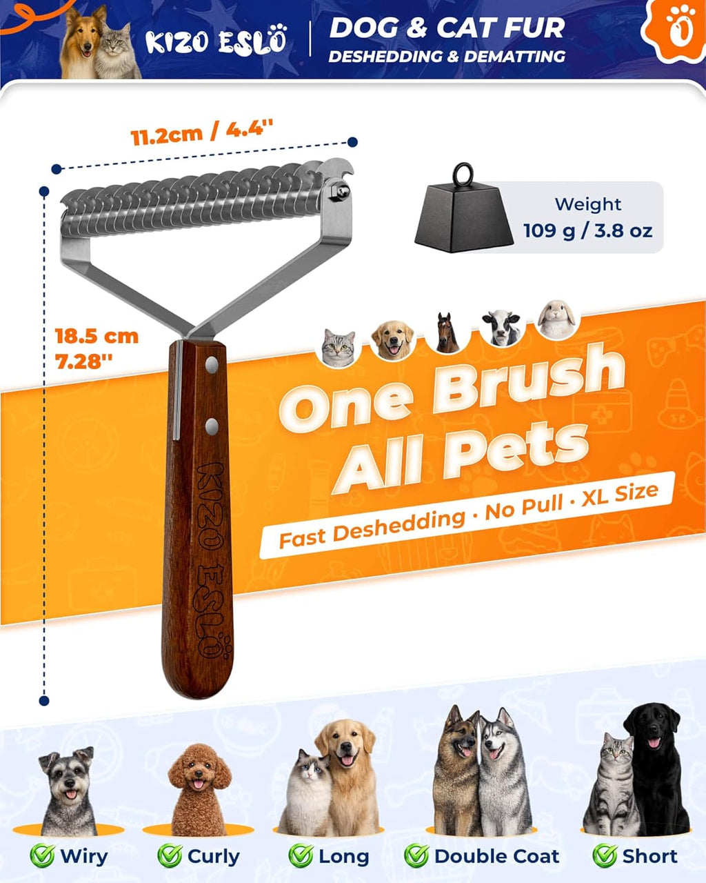 Regine Switzerland Extra Large 2-Sided Undercoat Rake - Gentle Grooming Brush for Dogs & Cats, Premium Wooden Handle
