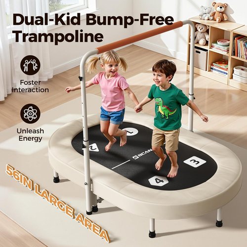 BCAN 56-Inch Kids Trampoline - Safe & Foldable Design with Adjustable Handlebar | ASTM Certified for Ages 1-8, Max Load 220lbs