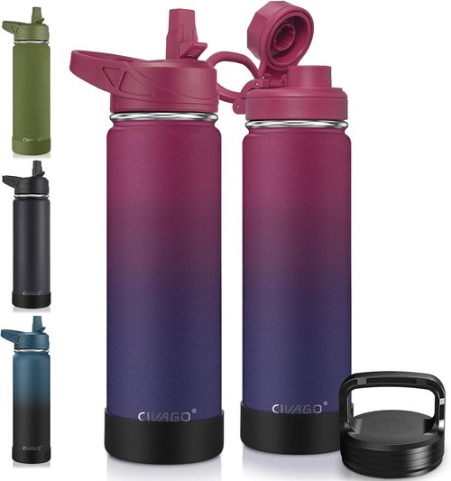 CIVAGO 22 oz Insulated Water Bottle - Stainless Steel Sports Flask with 3 Lids | Dark Rainbow