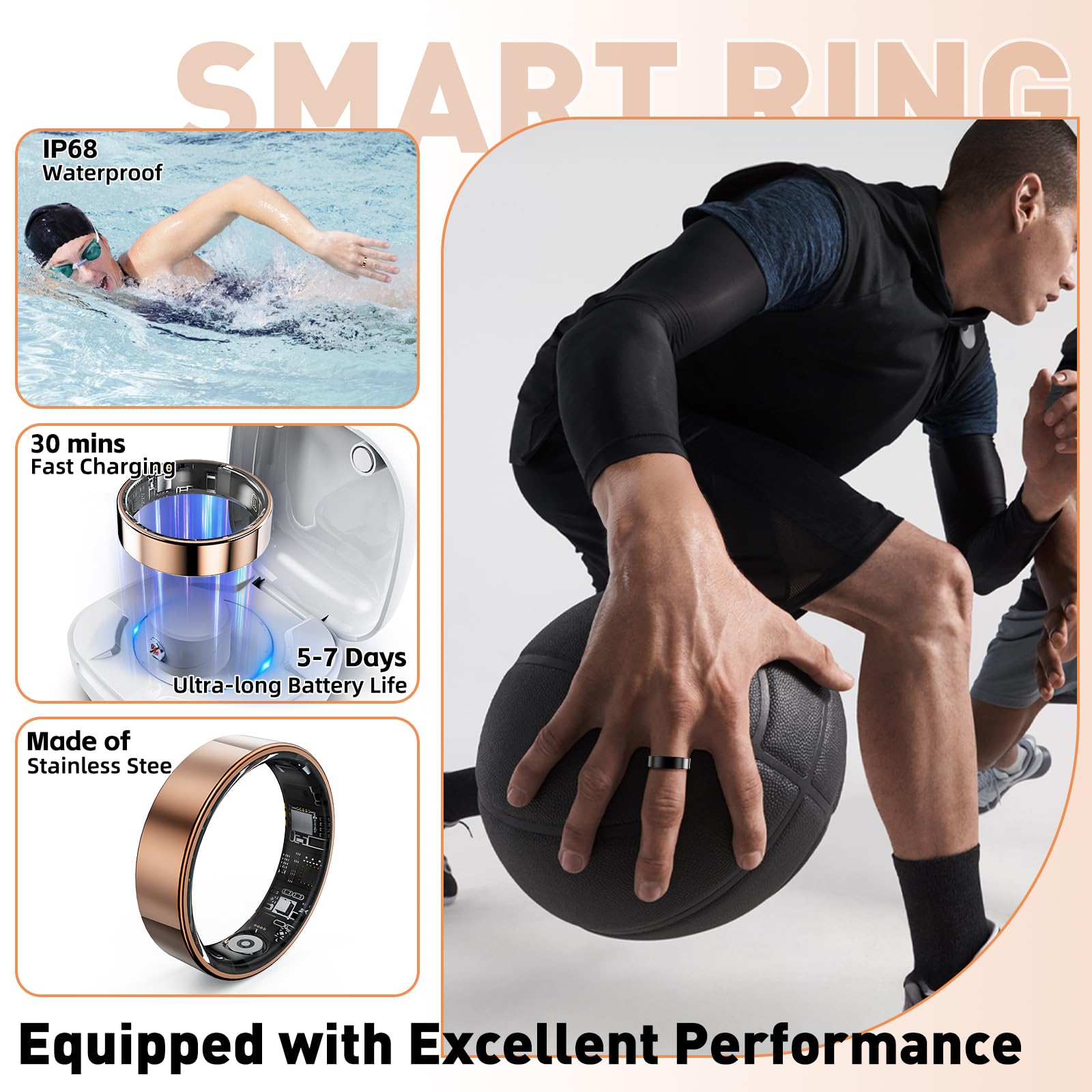 Smart Ring with Sleep Monitoring, Step Counting, Heart Rate, Blood Oxygen, Blood Pressure for iPhone and Android, No Subscription Fee, IP68 Waterproof Health Tracker (Silver, 7)