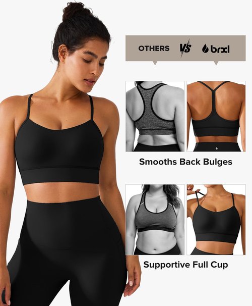 BRXL Y Back Sports Bras for Women Padded Racerback Low Impact Soft Thin Strap Workout Yoga Gym Casual Black M