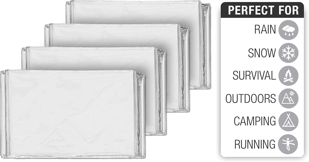 Swiss Safe Mylar Emergency Blankets - Compact & Insulated for Cold Weather | 4 Pack, Silver