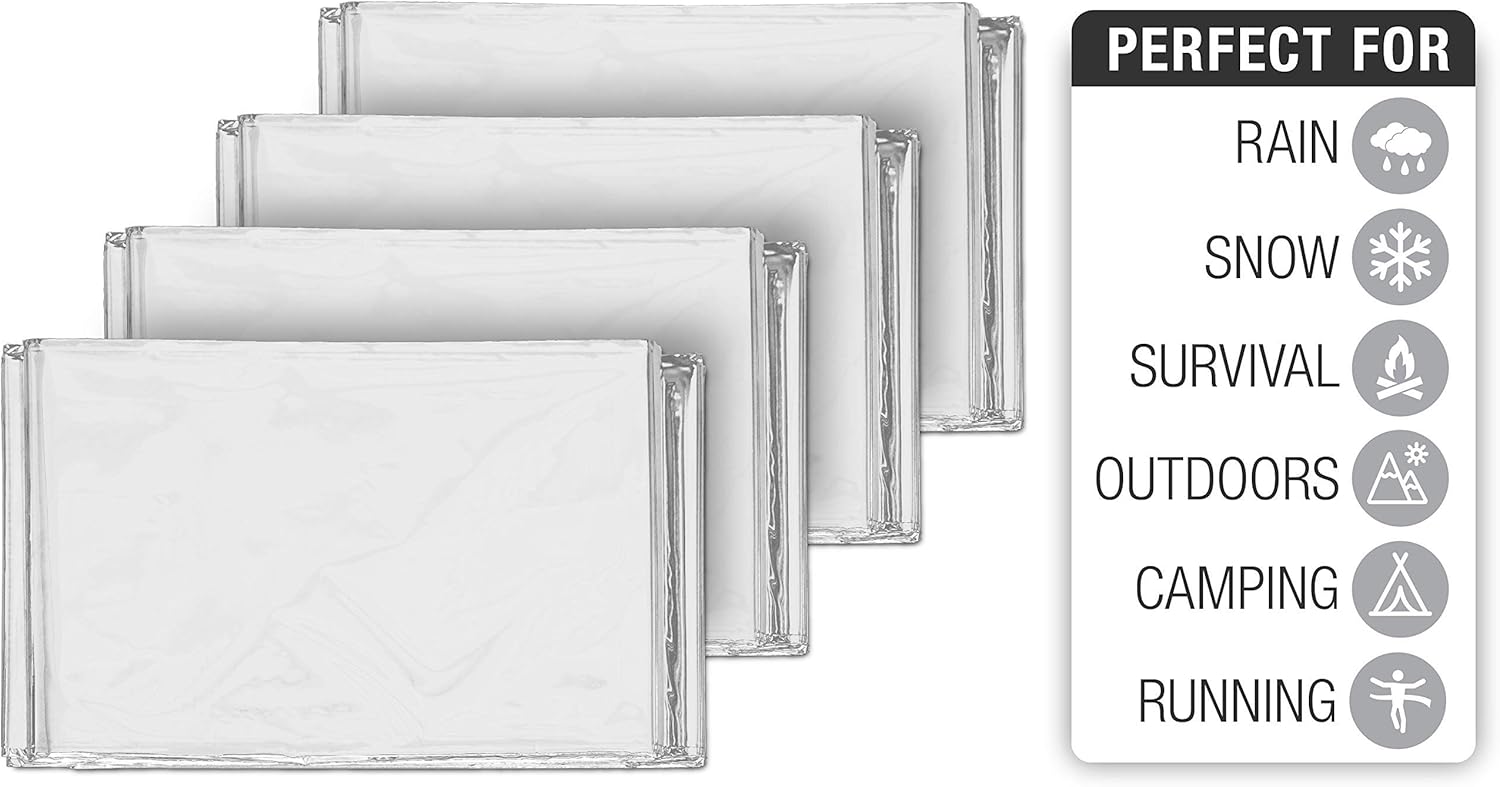 Swiss Safe Mylar Emergency Blankets - Compact & Insulated for Cold Weather | 4 Pack, Silver