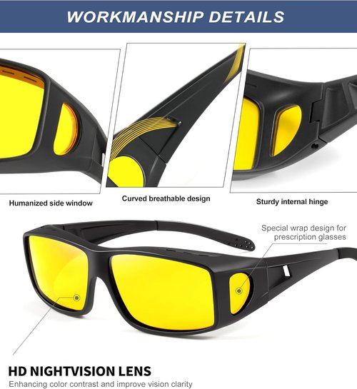 KALIYADI Night Vision Glasses - Anti-Glare Wrap-Around Fit Over Glasses for Men & Women | HD Lens