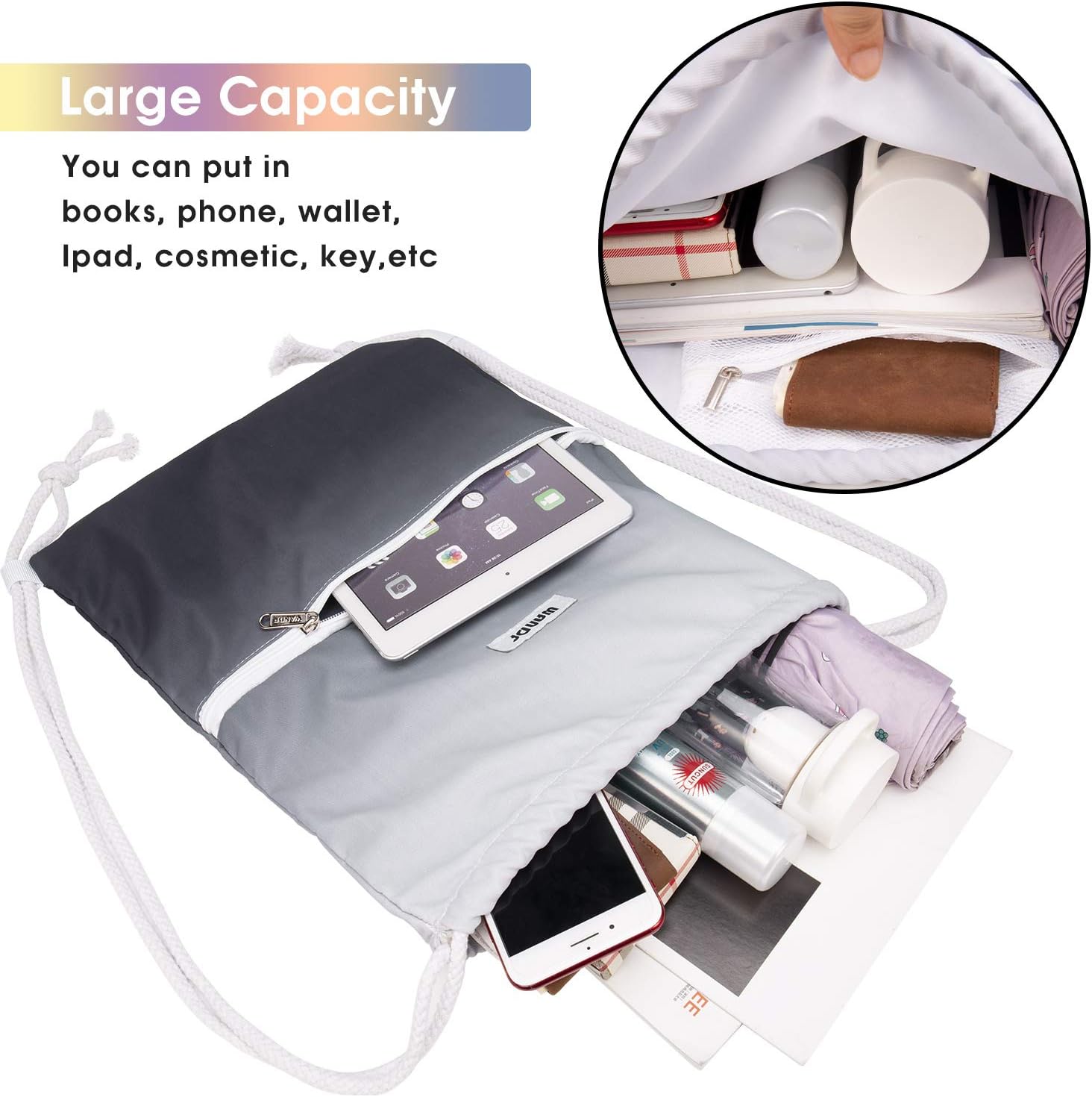 WANDF Drawstring Backpack - Water Resistant Nylon Cinch Bag for Gym, Shopping & Yoga | Grey