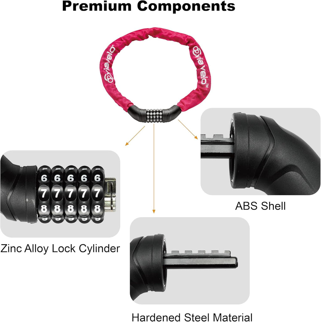 Via Velo Bike Chain Lock - Heavy Duty 5-Digit Resettable Combination Security Lock | 2.95 Ft Rose Red