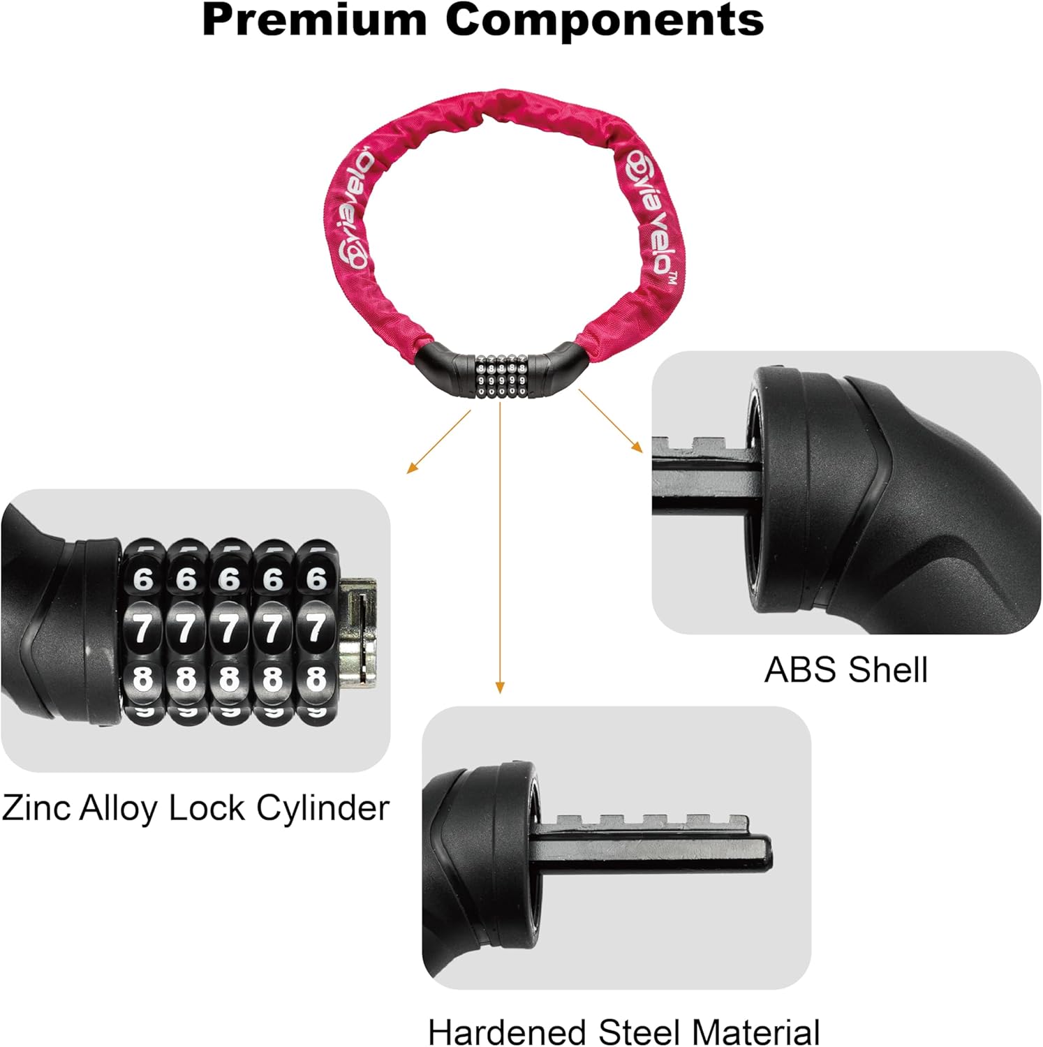 Via Velo Bike Chain Lock - Heavy Duty 5-Digit Resettable Combination Security Lock | 2.95 Ft Rose Red