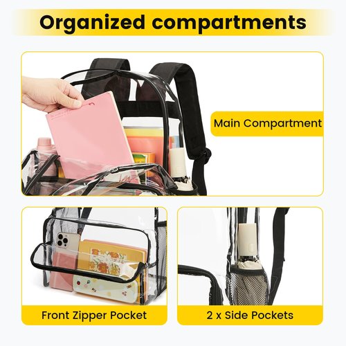 Vorspack Clear Backpack Heavy Duty - Extra Large Clear Bookbag Transparent See Through Backpacks for College Work Travel - Black