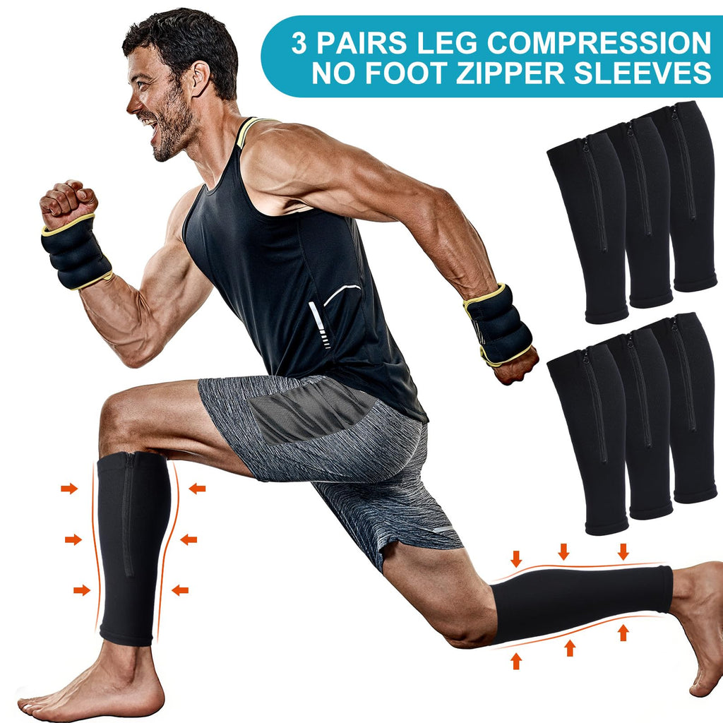 Threlaco 3 Pairs Calf Compression Sleeve with Zipper 20-30mmhg Leg Compression Sleeve Calf Brace Zipper Socks No Foot Sleeves for Men Women Support Running Shin Splints