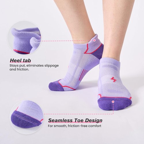 Niorasen Ankle Socks - Women's Cotton Cushioned Athletic Running Socks | 6 Pairs, Breathable Low Cut