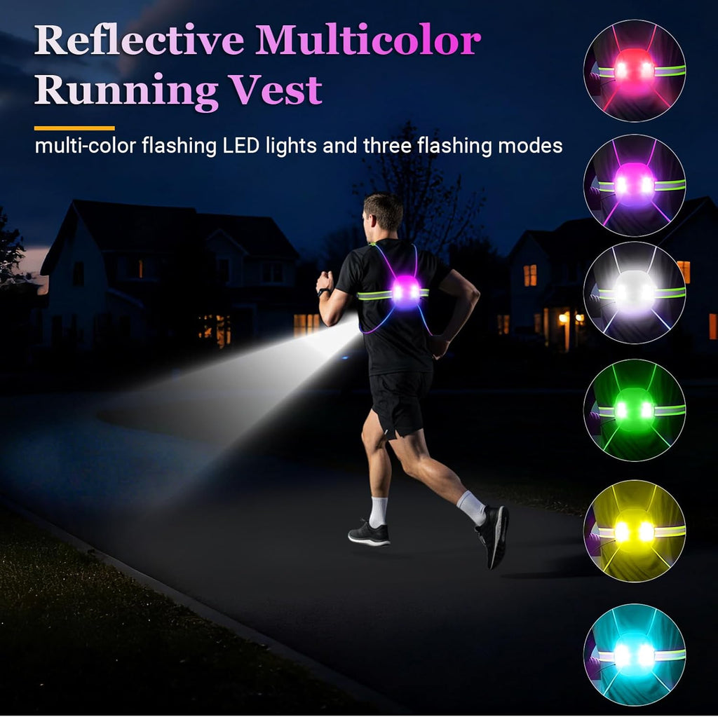 Skiennix Reflective Running Vest - Rechargeable LED Gear with 3 Modes & 7 Colors | Adjustable Safety Vest for Night Running, Cycling, Hiking (Large)