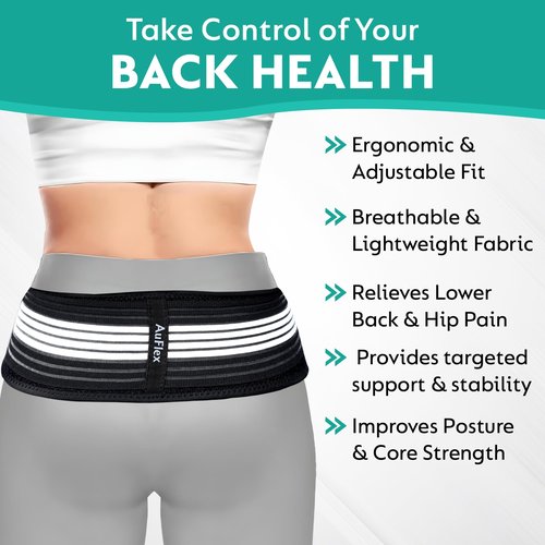 AuFlex Sacroiliac SI Joint Belt for Sciatica Pain Relief – Hip & Pelvic Support Brace for Lower Back Pain – Adjustable Anti Slip SI Belt for Women & Men – Regular Size (30-44 inches)