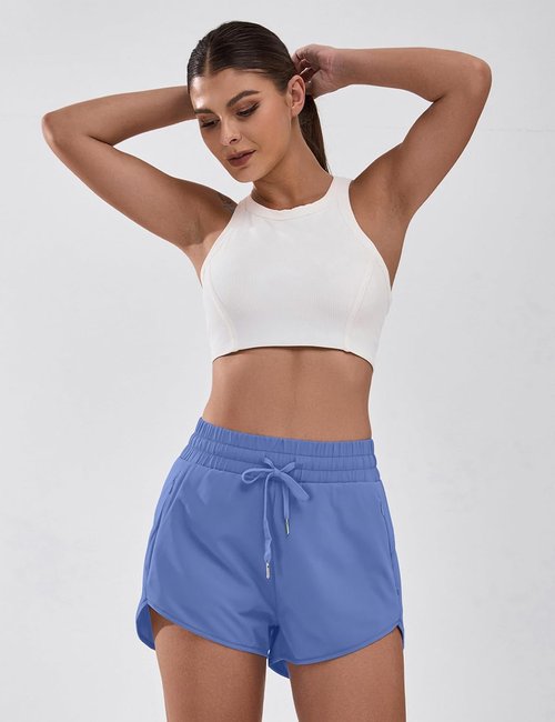 BMJL Women's High Waisted Running Shorts - Athletic Gym Workout Shorts with Zipper Pockets, Large, Blue