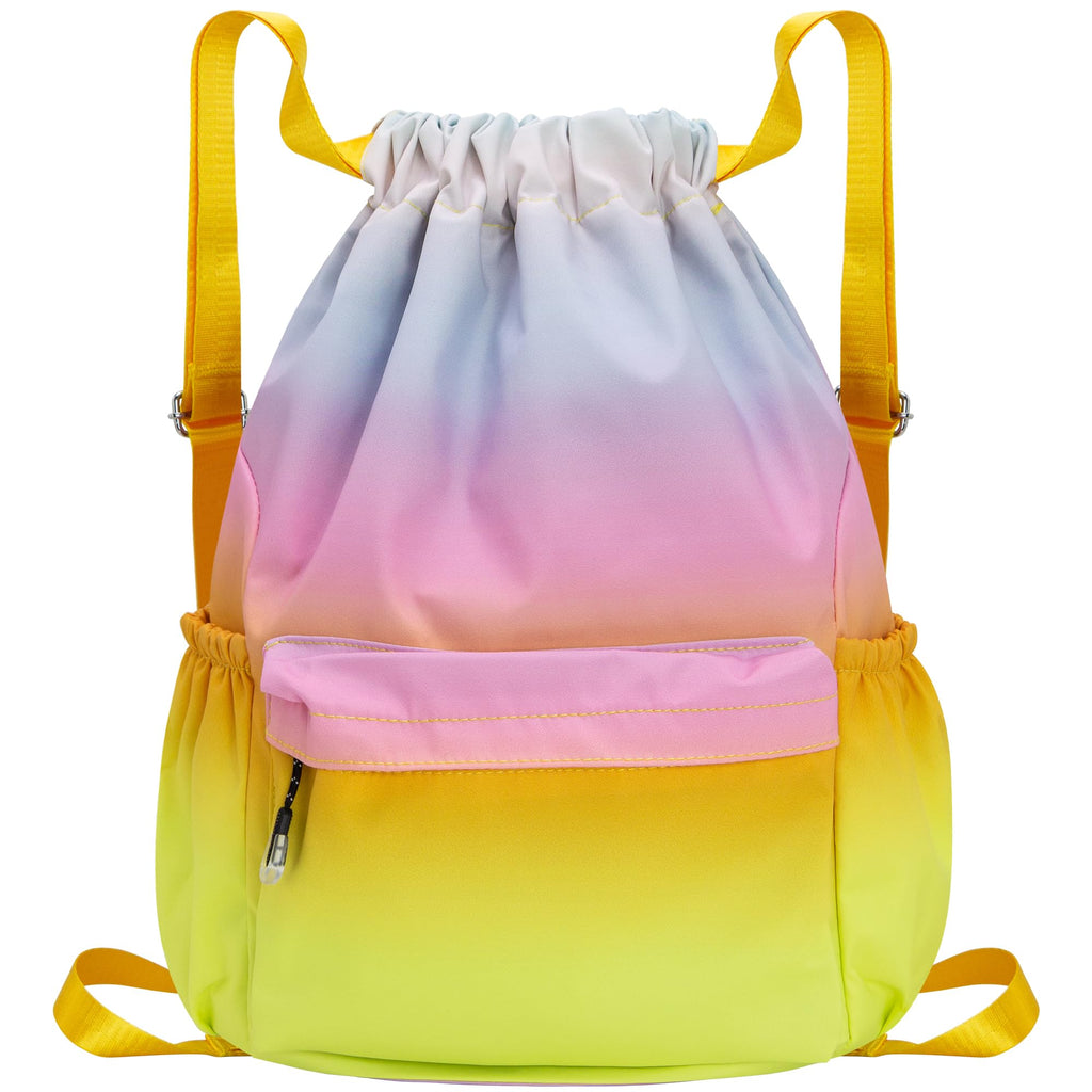 HOLYLUCK Drawstring Backpack Sports Gym Bag Water Resistant String Bag Cinch Sackpack with Side Zipper Pocket for Shopping Sport Yoga - Rainbow gradient
