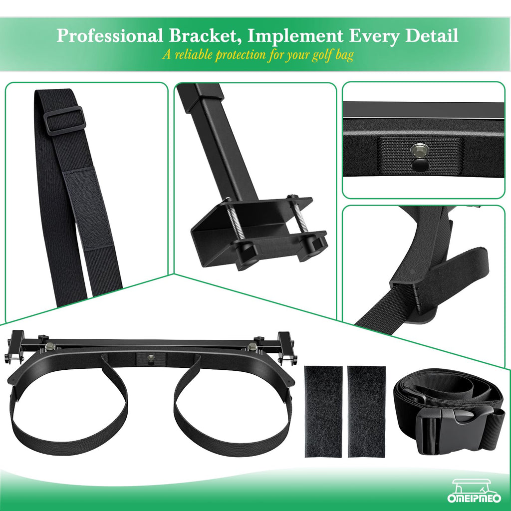 Upgrade Golf Cart Bag Holder Bracket, Adjustable Golf Cart Bag Bracket for 2+2 Rear Seat with 1 Inch Square Tube, No Drilling Golf Bag Holder Attachment for Club Car EZGO Yamaha, Include Nylon Strap