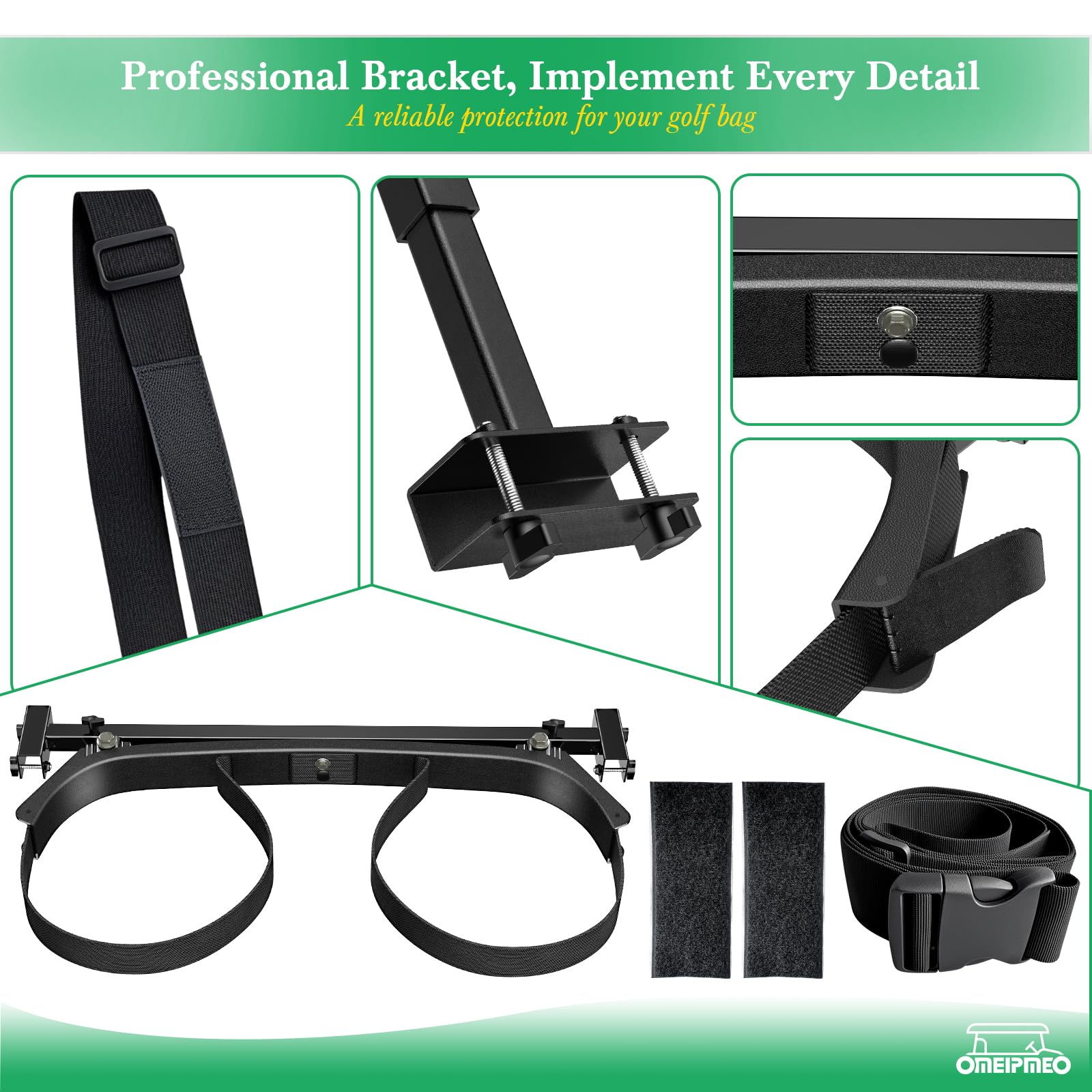 Upgrade Golf Cart Bag Holder Bracket, Adjustable Golf Cart Bag Bracket for 2+2 Rear Seat with 1 Inch Square Tube, No Drilling Golf Bag Holder Attachment for Club Car EZGO Yamaha, Include Nylon Strap