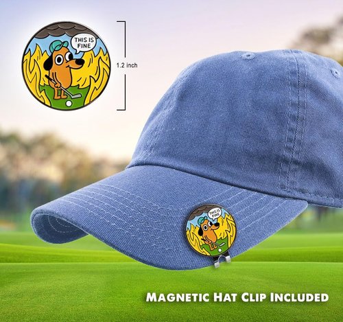 Pinsanity “This is Fine” Funny Golf Ball Marker with Hat Clip – Novelty Golfing Accessory & Gift for Golfers