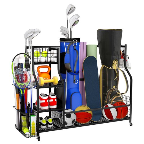 Flibaluly Golf Bag Storage Garage Organizer-Heavy Duty Golf Bag Rack for 3 Golf Bags,Golf Accessories with 4-Tier Shelf and Wheels for Home,Club,Garage and Basement