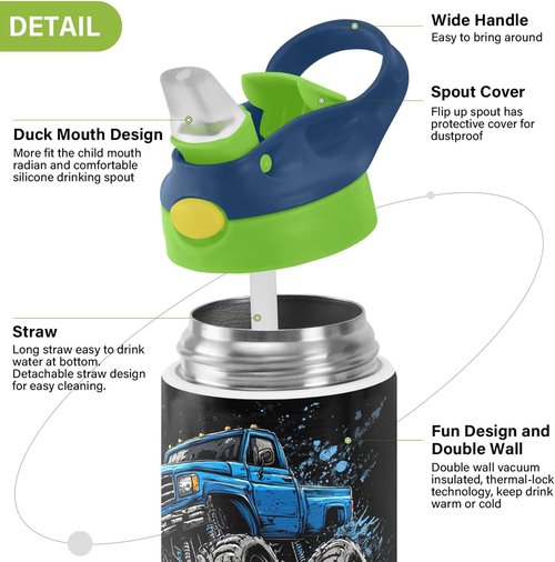 Monster Truck | Black Kids Water Bottle - Vacuum Insulated, Leak-Proof, 12 oz with Straw & Handle for Ages 4-8