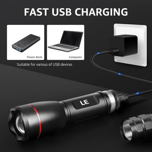 Lepro LED Rechargeable Flashlight - 3000 Lumens, Zoomable, Waterproof | 5 Lighting Modes, Compact for Camping & Emergencies