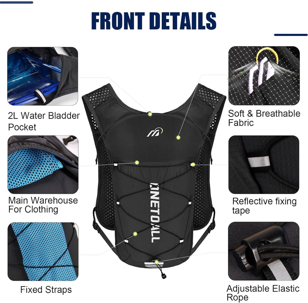ONETOALL Running Vest for Women & Men,6L Hydration Backpack with 2L Water Bladder,Lightweight Water Backpack for Trail Running, Marathon, Hiking, Cycling, Jogging, Adjustable Fit Black