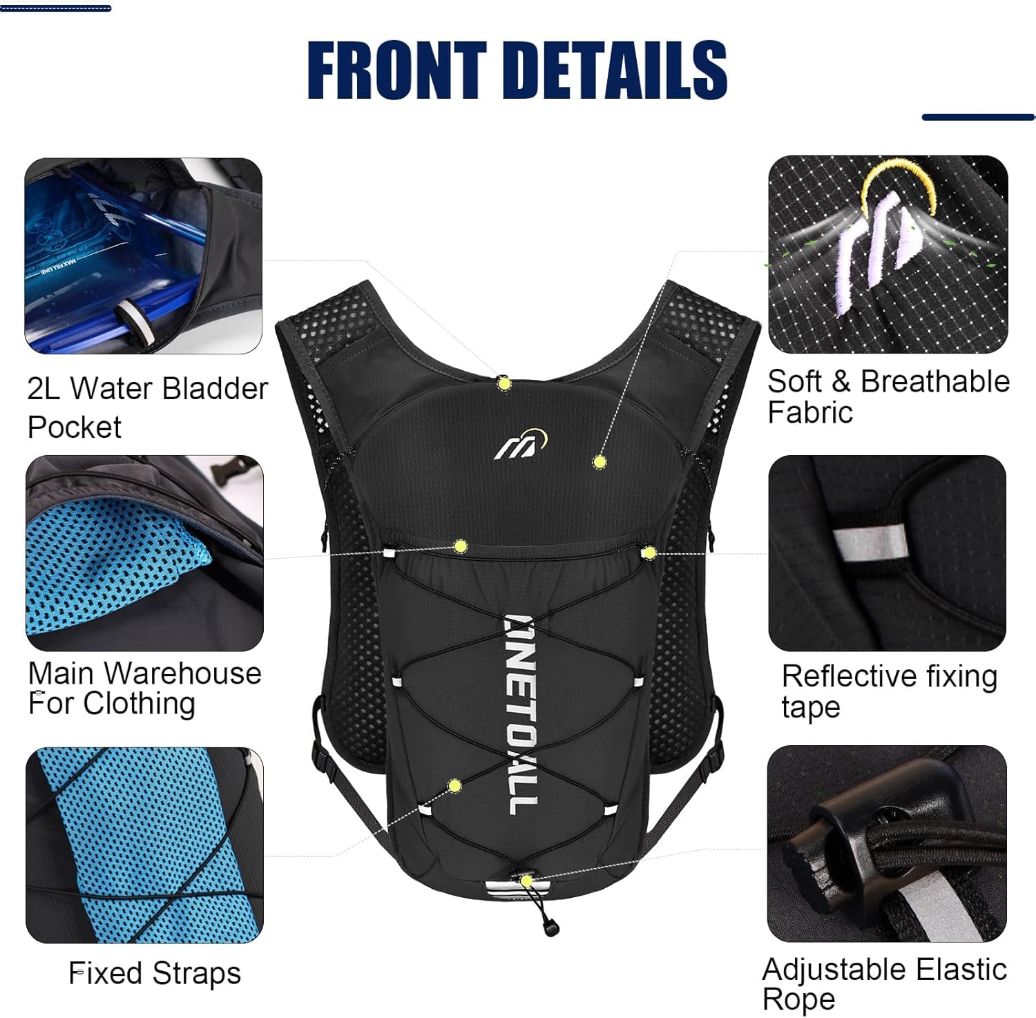 ONETOALL Running Vest for Women & Men,6L Hydration Backpack with 2L Water Bladder,Lightweight Water Backpack for Trail Running, Marathon, Hiking, Cycling, Jogging, Adjustable Fit Black