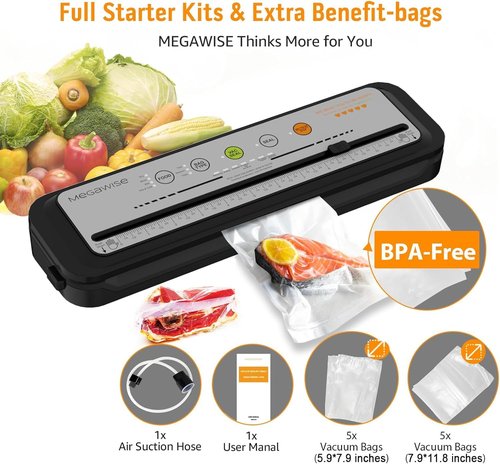 MEGAWISE 2025 Vacuum Sealer Machine - One-Touch Automatic Sealing in 10-20 Seconds | Compact Design with 10 Bags (Grey)