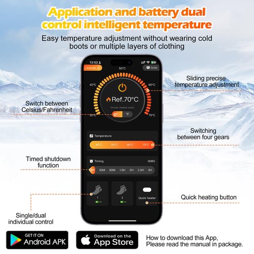 Heated Socks for Men Women with APP Control, Rechargeable Electric Warm Cold Weather Thermal Socks 4 Heating Levels for Hunting, Camping, Hiking, Skiing, Walking, Fishing, Cycling, Outdoor Work