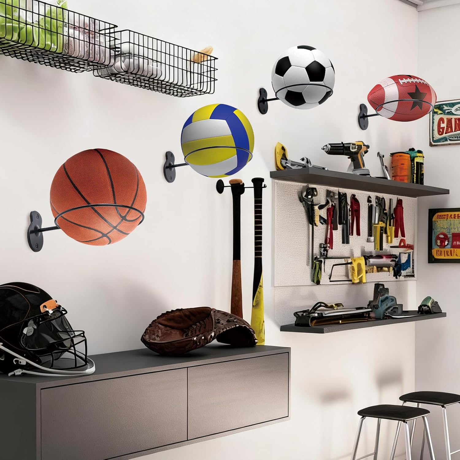 Skiennix Basketball Holder Wall Mount - 7-Inch Diameter Metal Ball Storage Rack | 2-Pack Sports Organizer