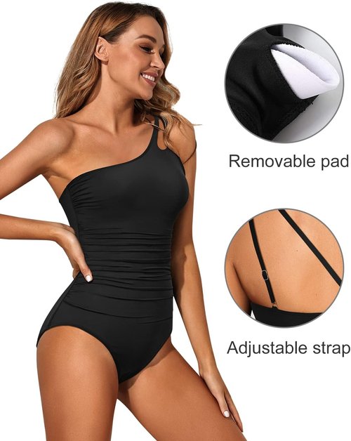 Holipick One Shoulder One Piece Swimsuit - Tummy Control Bathing Suit for Women | Modest Full Coverage