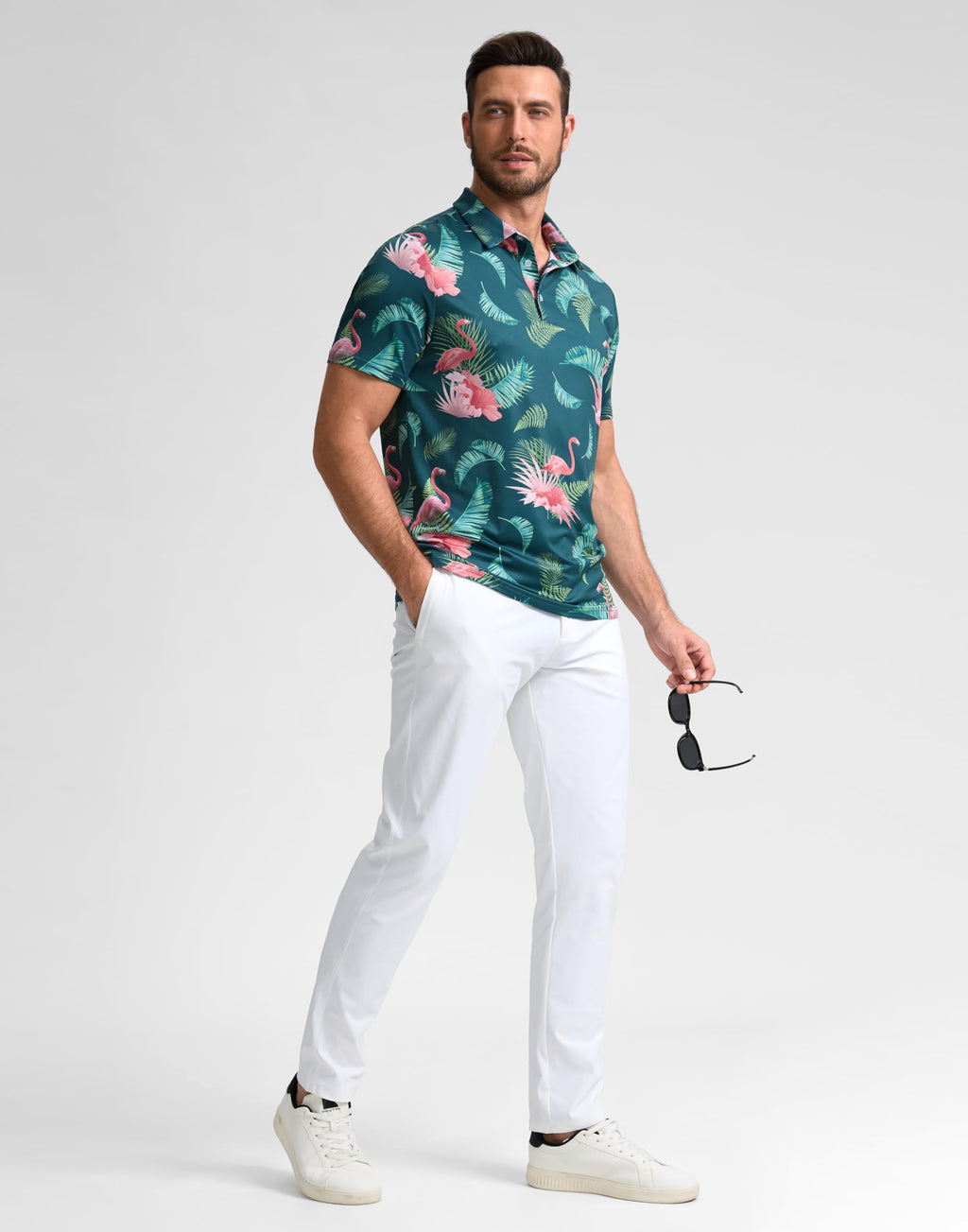 Obla Mens Golf Polo Shirts Short Sleeve Dry Fit Performance Moisture Wicking Casual Print Collared Golf Shirts for Men(Green Flamingo_M)
