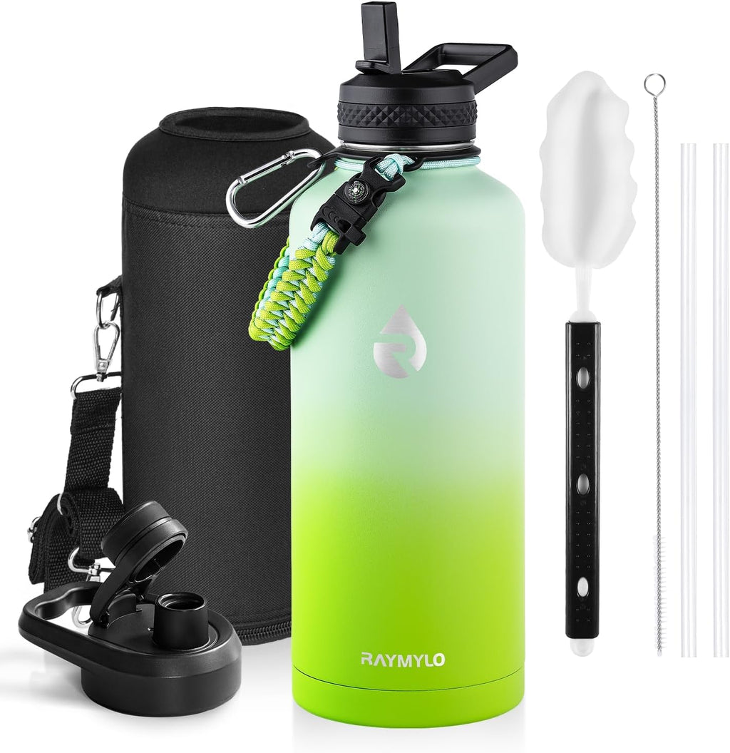 RAYMYLO Insulated Water Bottle - 87 Oz Triple Wall Vacuum Stainless Steel | Cold for 48 Hrs, Leak Proof, Ombre Green
