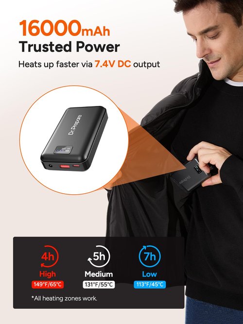 DR.PREPARE Heated Vest with Battery Pack, Unisex Electric Heated Jacket for Men Women, 3 Heat Levels, 10 Heating Zones with 16000mAh Power Bank, 2XL