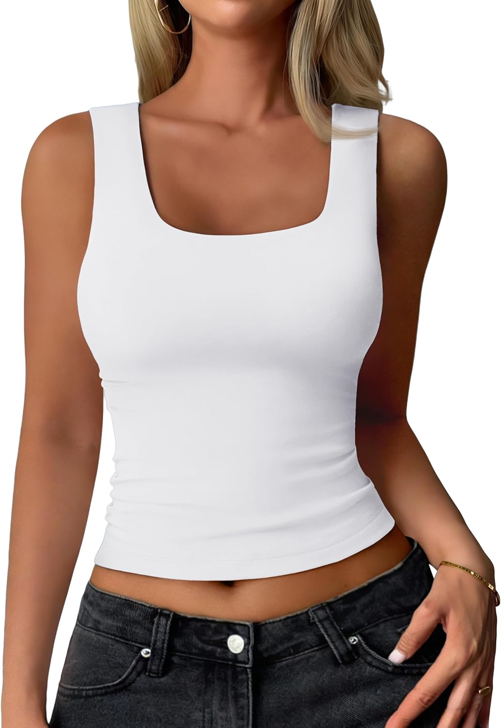 YUCOLEN Women's Fitted Scoop Neck Tank Top - Double Lined Casual Summer Sleeveless Top