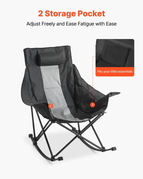 VEVOR Rocking Camping Chair, Portable Folding Rocker, Heavy-Duty Lawn Chair Recliner with Pocket, Supports 225lbs, Fully Padded Camp Chairs for Outdoor Patio Backyard Porch Garden