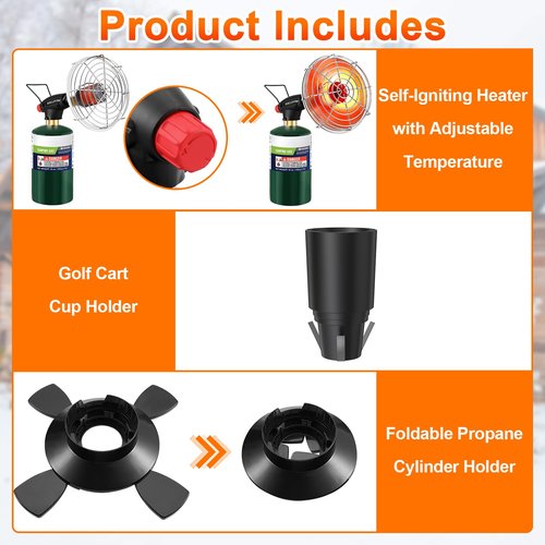 Golf Cart Heater 2 in 1 Portable Propane Heater with Self Ignition Golf Cart Cup Holder&Cylinder Base for EZGO Yamaha Club Car Most Golf Cart Tents (Fuel Cylinder not included）