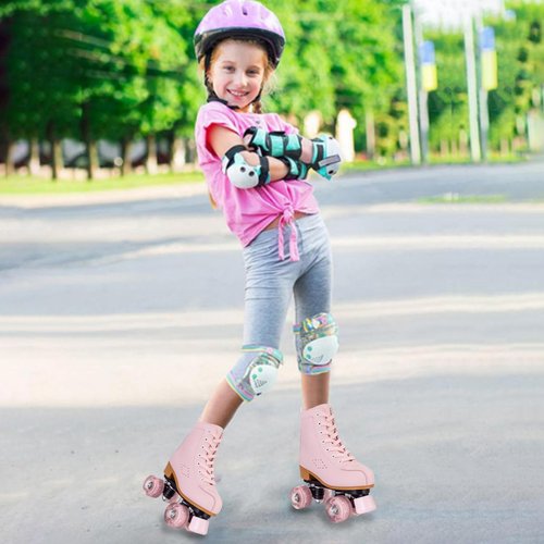 jessie Roller Skates for Girl and Women, PU Leather Light up Kids Roller Skates, Cute Adjustable Four-Wheel Beginner Youth Roller Skates Girls Ages 8-12 Outdoor Indoor (Youth 2, Pink)