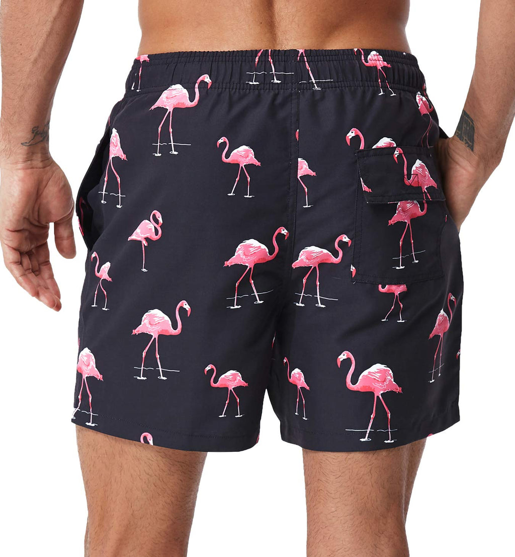 SILKWORLD Men's Swim Trunks Quick Dry Shorts with Pockets (New Printed_Trunks: Pink Flamingo,Large)