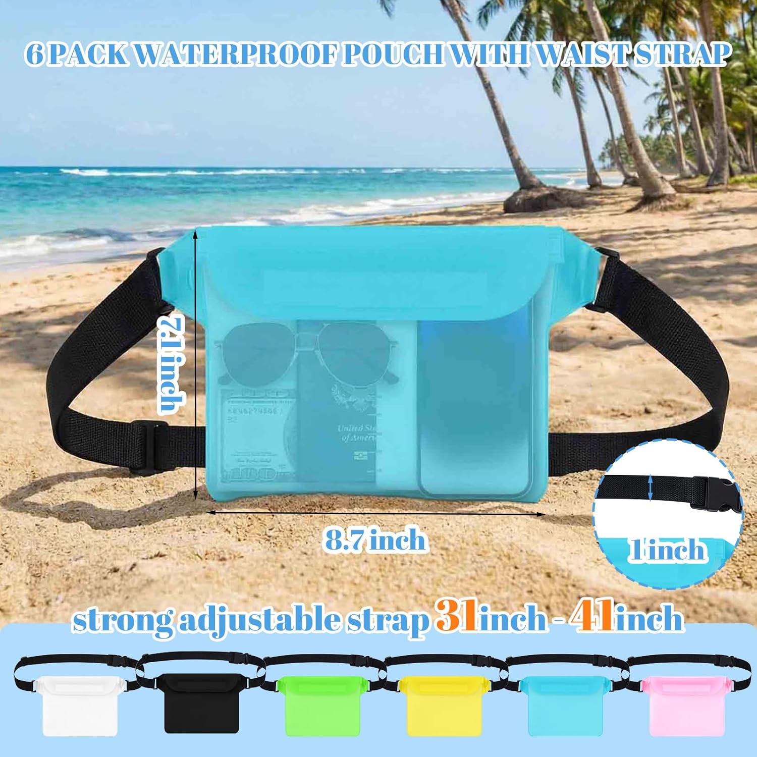 Tallew Waterproof Fanny Pack - 6 Pcs Dry Bag with Waist Strap for Beach & Water Activities | Multicolor