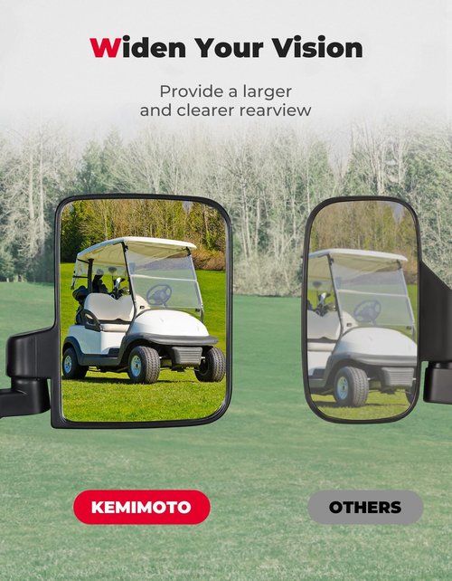 KEMIMOTO No Drilling Golf Cart Side Mirrors, Universal Rear View Mirror for 0.75"-1.25" Square Rail, Folding Design Compatible with EZGO, Club Car, Drive2, ICON, Black